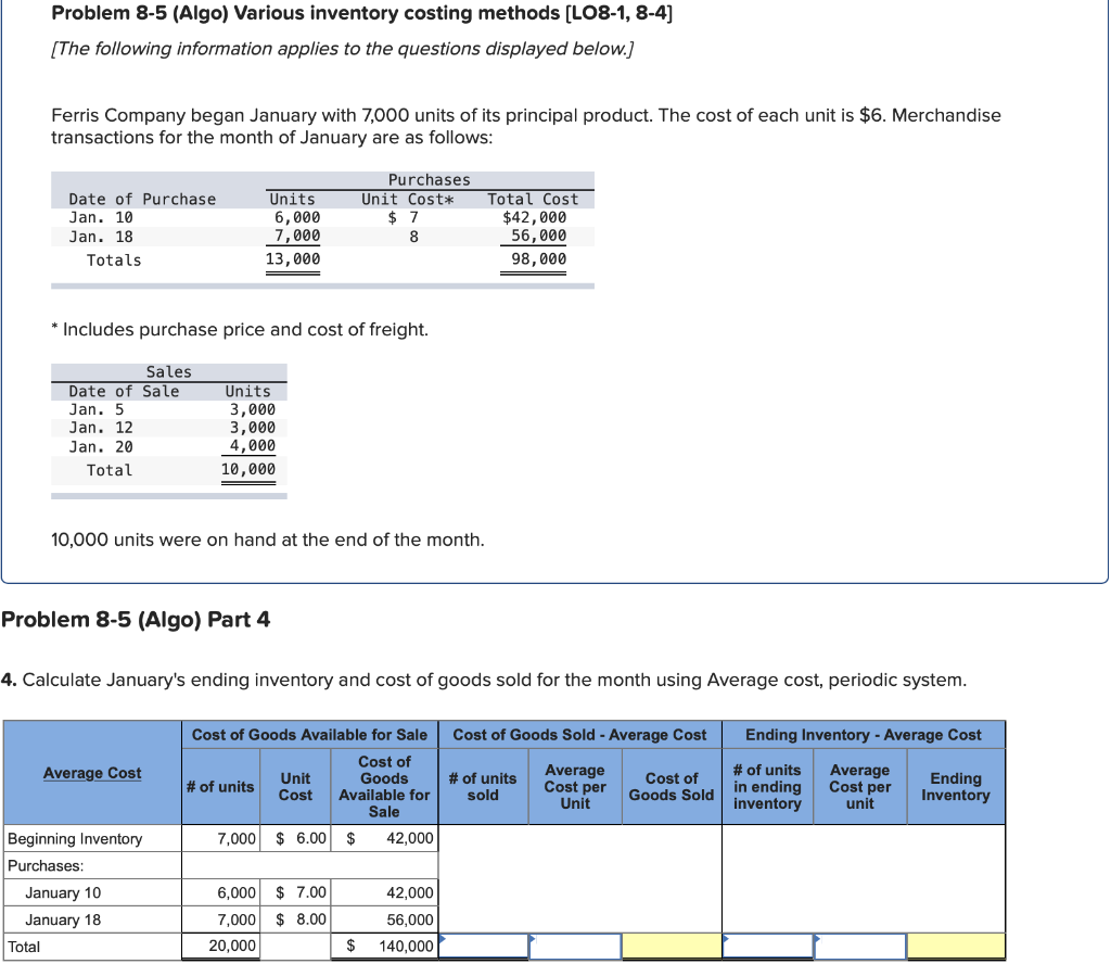 Solved Problem 8-5 (Algo) Various inventory costing methods | Chegg.com