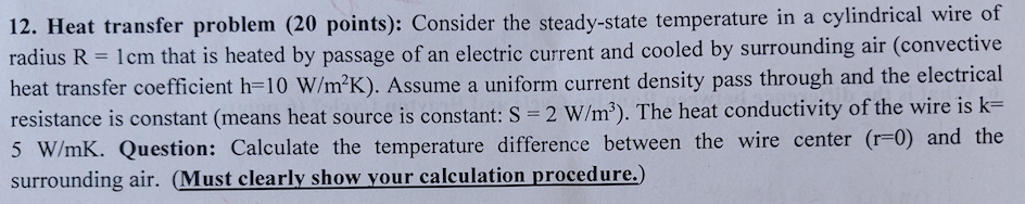 Solved 12. Heat transfer problem (20 points): Consider the | Chegg.com