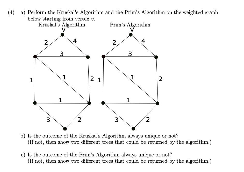 Solved 4) a) Perform the Kruskal's Algorithm and the Prim's | Chegg.com