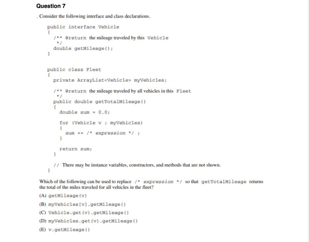 Question 7 Consider the following interface and class | Chegg.com