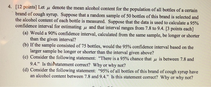 Solved 4. [12 Points] Let U Denote The Mean Alcohol Content 