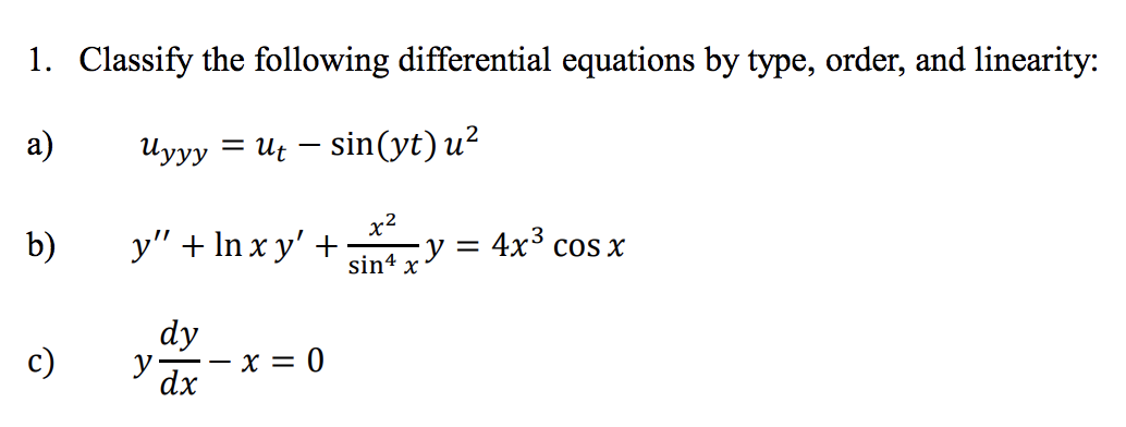 Solved 1. Classify the following differential equations by | Chegg.com