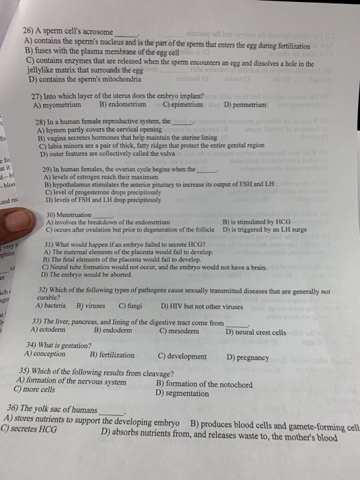 Solved 26) A sperm cell's acrosome A) contains the sperm's | Chegg.com