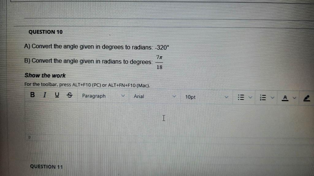 Solved A) Convert the angle given in degrees to radians: | Chegg.com
