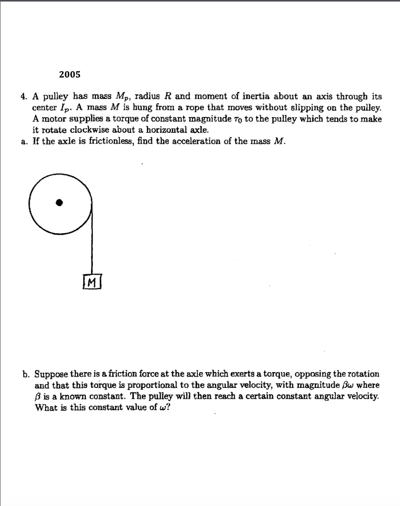 Solved 2005 4. A pulley has mass Mp, radius R and moment of