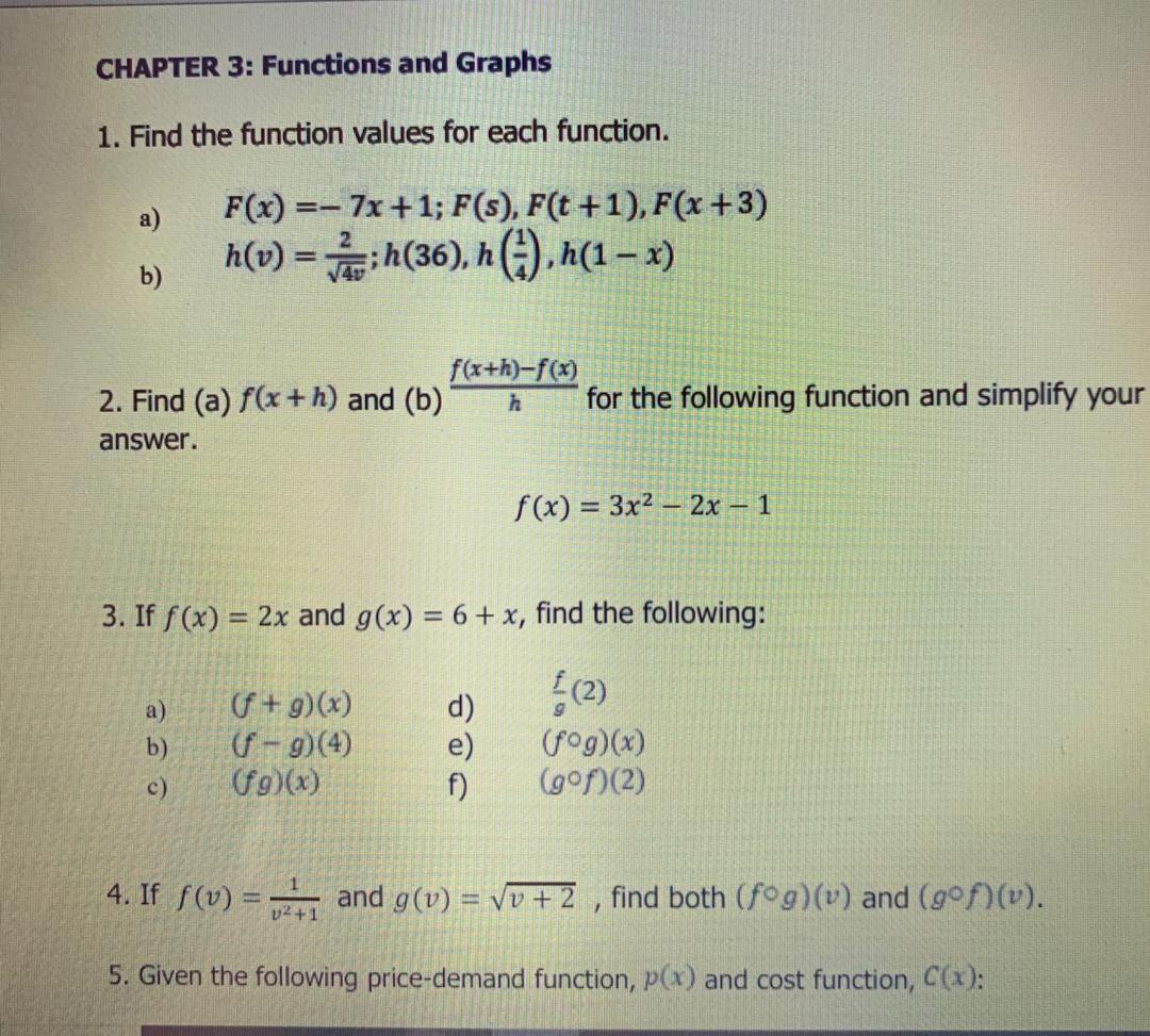 Solved CHAPTER 3: Functions and Graphs 1. Find the function | Chegg.com