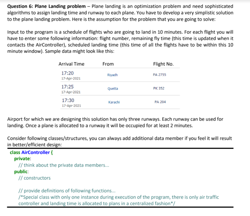 Question 6: Plane Landing problem - Plane landing is | Chegg.com