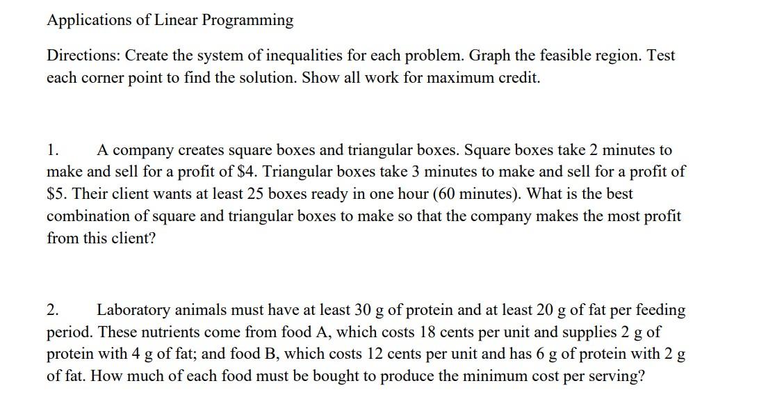 Solved Applications of Linear Programming Directions: Create | Chegg.com