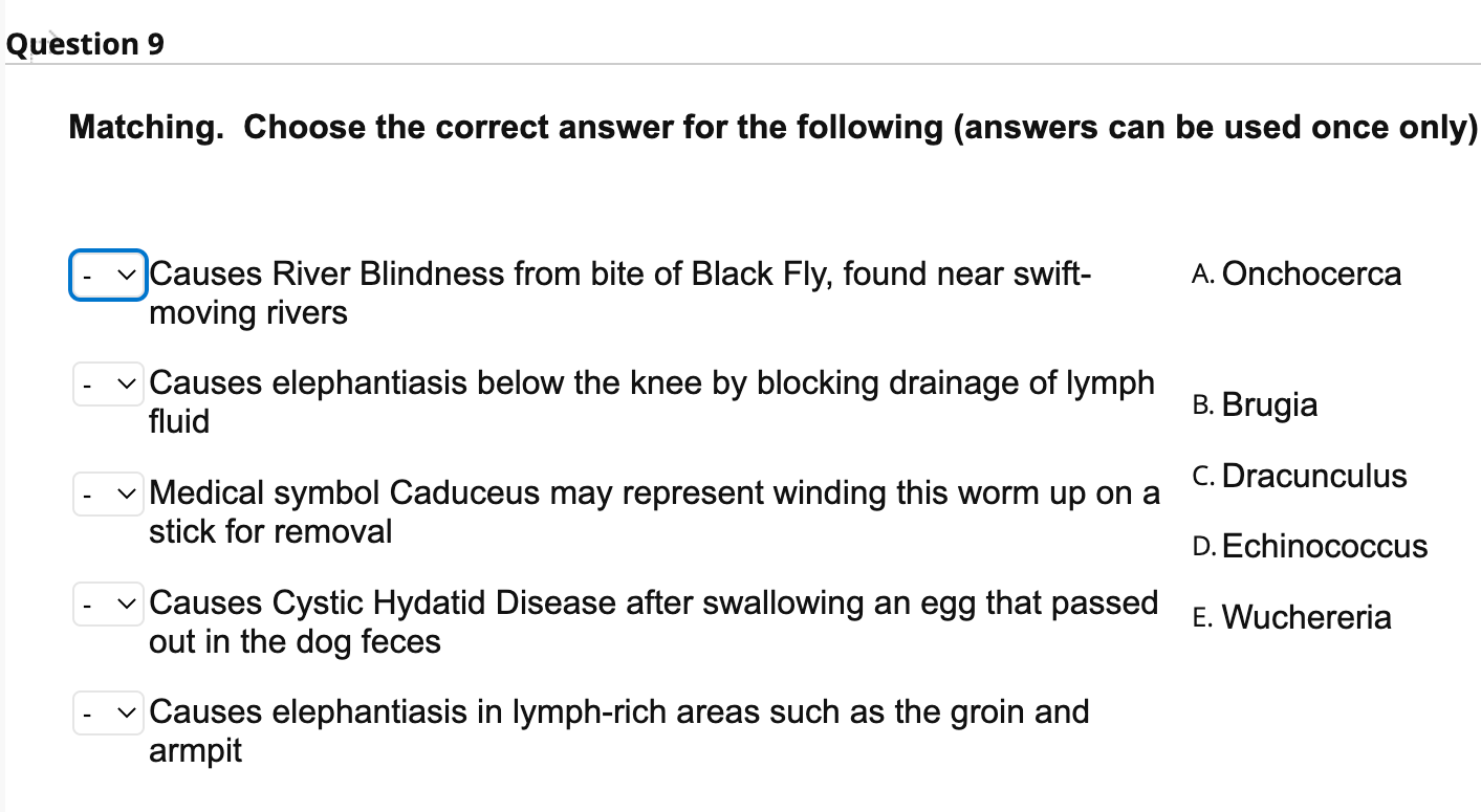 Solved Question 9 Matching. Choose the correct answer for | Chegg.com