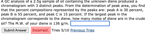 Solved A GC analysis of a 2.5g sample of oil containing the | Chegg.com
