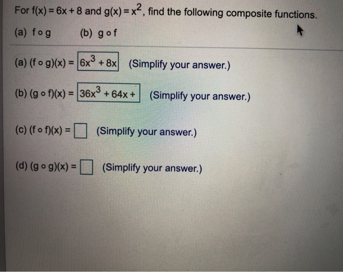 Solved For f(x) = 6x + 8 and g(x) = x2, find the following | Chegg.com