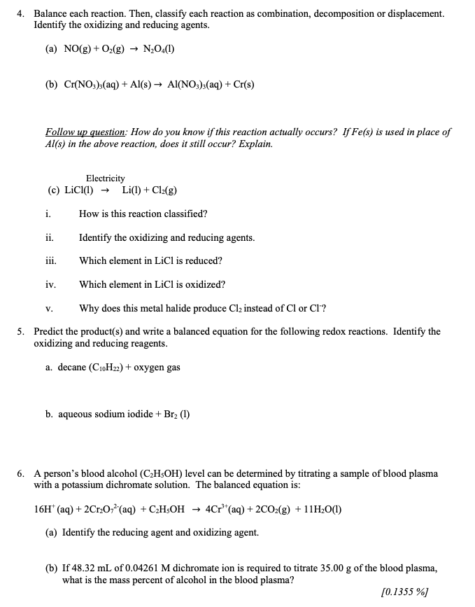 Solved 4. Balance each reaction. Then, classify each | Chegg.com