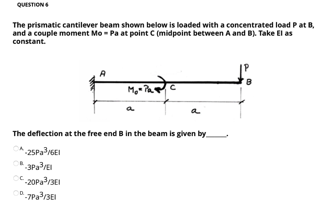 Solved QUESTION 6 The Prismatic Cantilever Beam Shown Below | Chegg.com