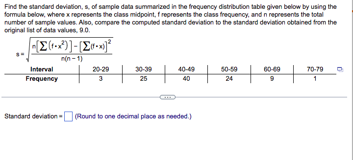 Solved Find the standard deviation, s, of sample data | Chegg.com