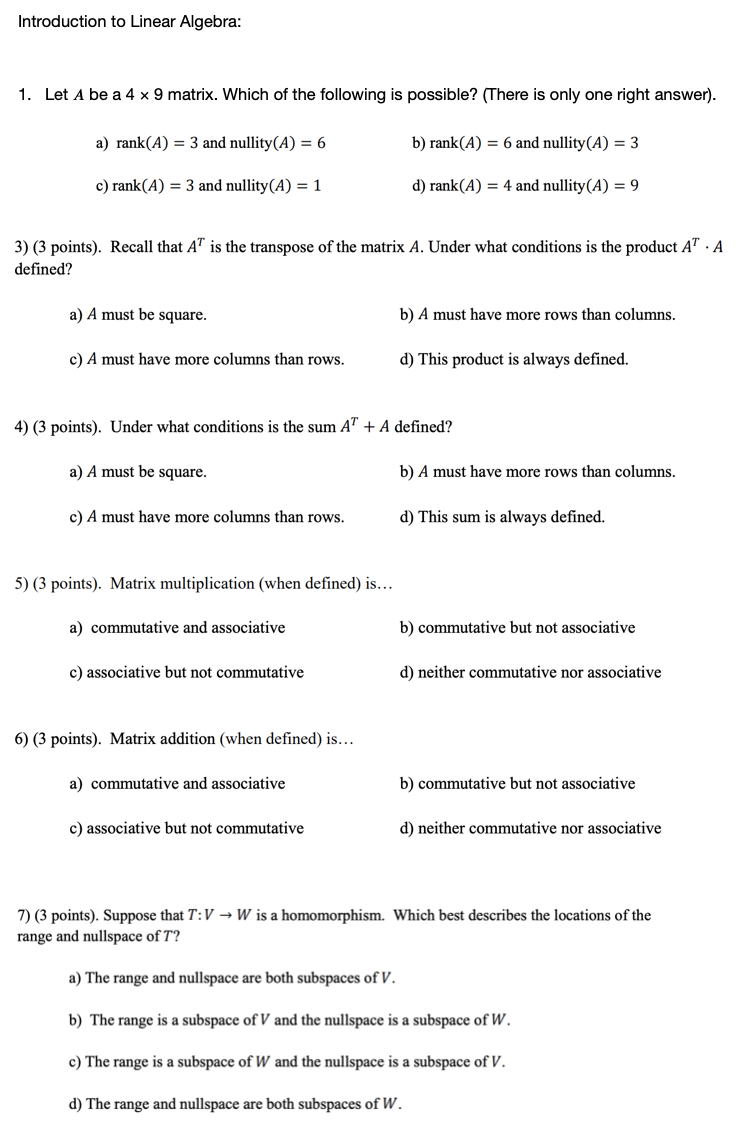 Solved Introduction To Linear Algebra 1 Let A Be A 4 X 9 Chegg Solved Introduction To Linear Algebra 1 Let A Be A 4 X 9 Chegg