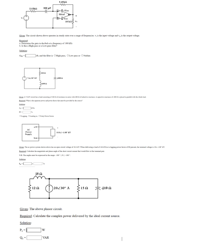 Solved 8.48k12 2.12ko 300 pF トミキVee Ideal -- -Vec 10 kasv | Chegg.com