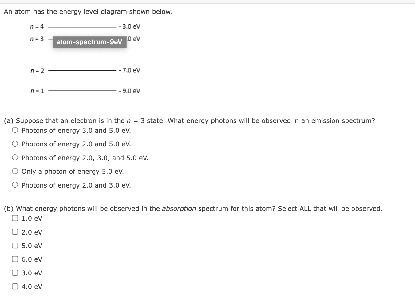 Solved An atom has the energy level diagram shown below. n=4 | Chegg.com