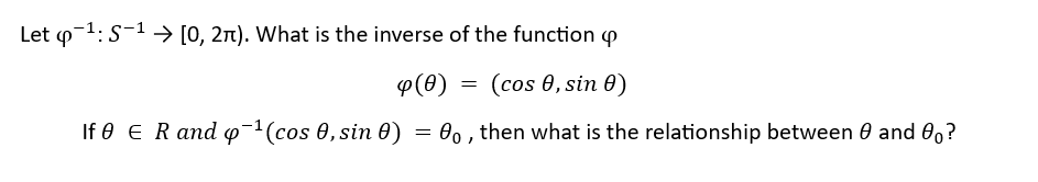 Solved Let φ−1:S−1→[0,2π). What is the inverse of the | Chegg.com