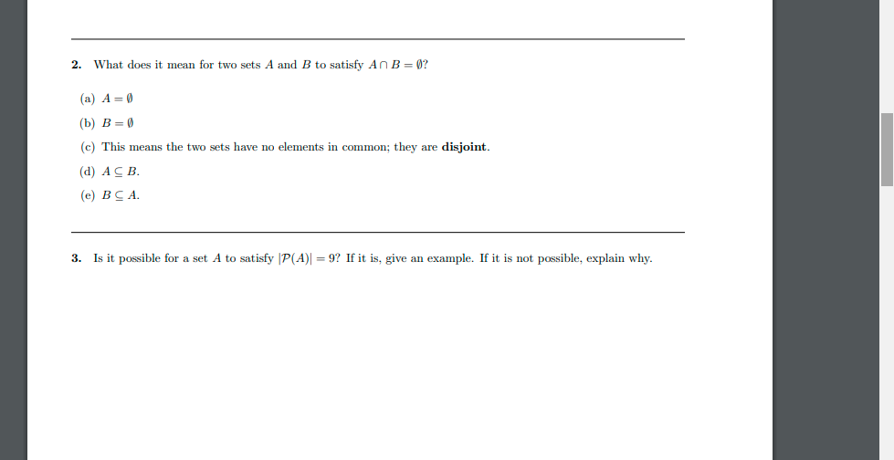 Solved 2. What does it mean for two sets A and B to satisfy