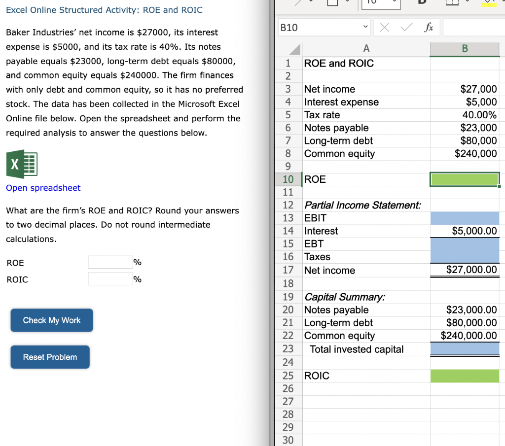 Solved Excel Online Structured Activity ROE and ROIC Baker