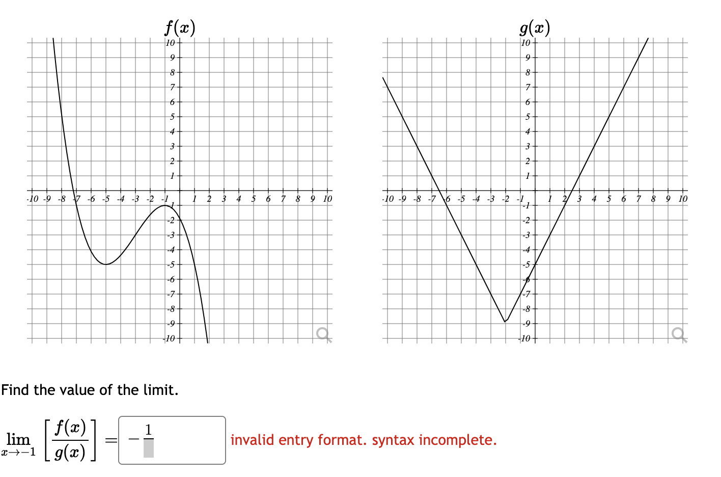 Solved Find the value of the limit. limx→−1[g(x)f(x)]= | Chegg.com