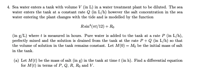 4 Sea Water Enters A Tank With Volume V In L In Chegg Com