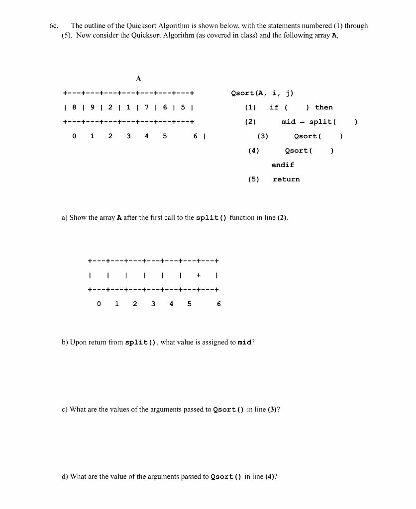 Solved 6c. The outline of the Quicksort Algorithm is shown | Chegg.com