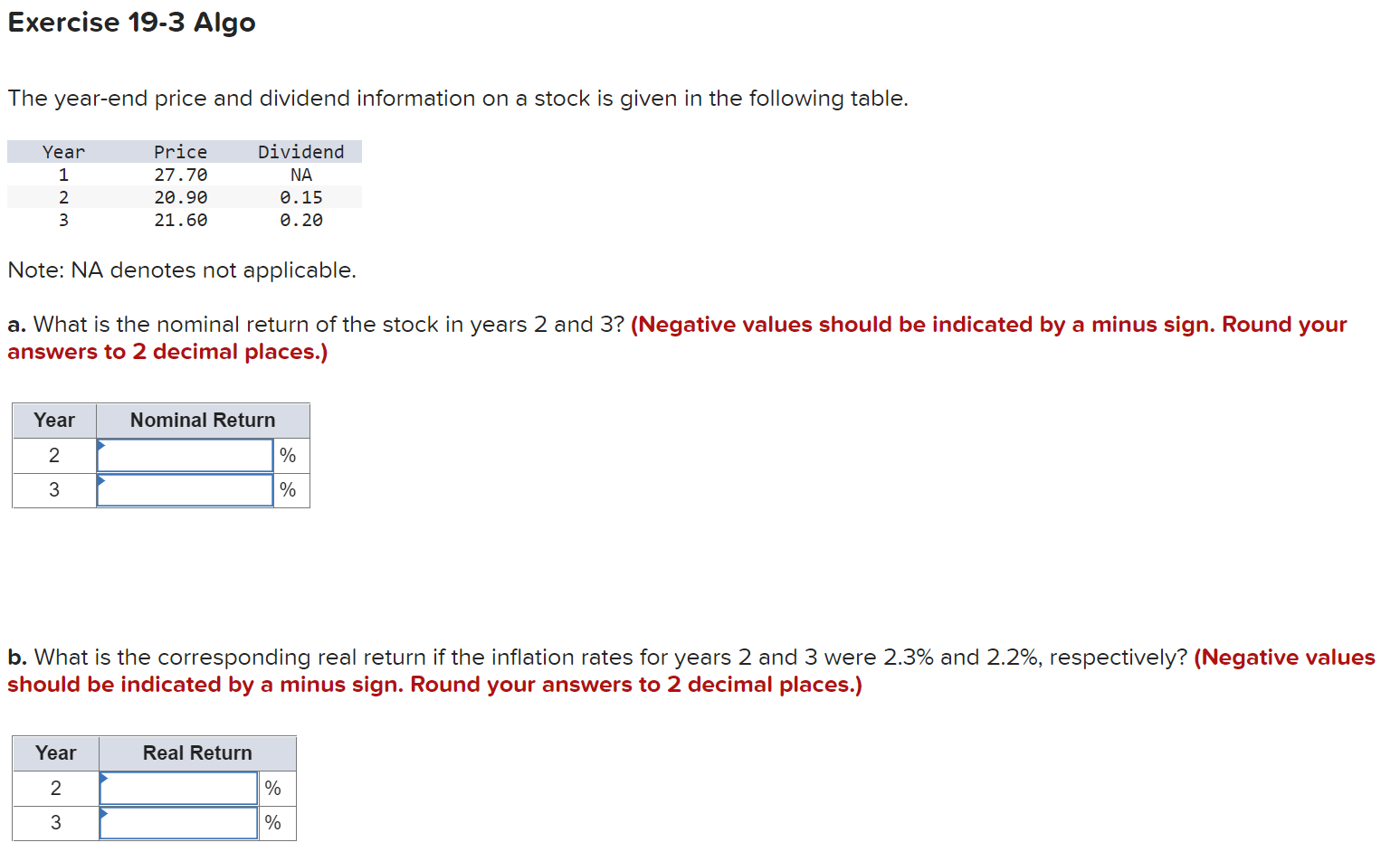 Solved Exercise 19-3 Algo The Year-end Price And Dividend | Chegg.com