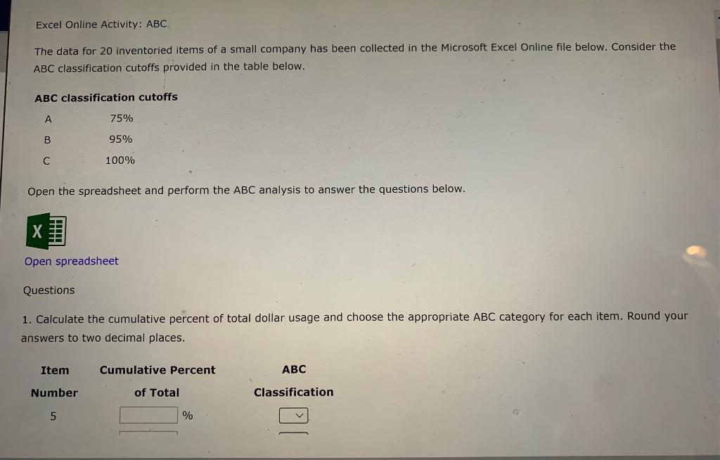 Excel Online Activity: ABC The data for 20 | Chegg.com