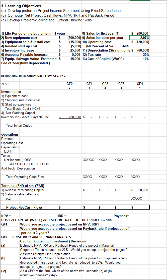 Develop proforma Project Income Statement Using | Chegg.com
