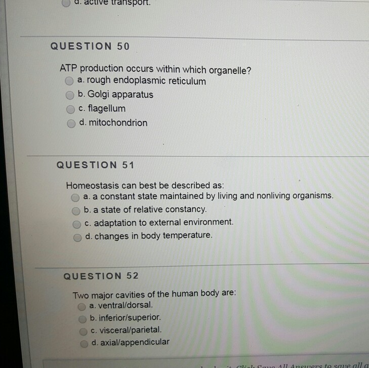 Solved a.active transport. QUESTION 50 ATP production occurs