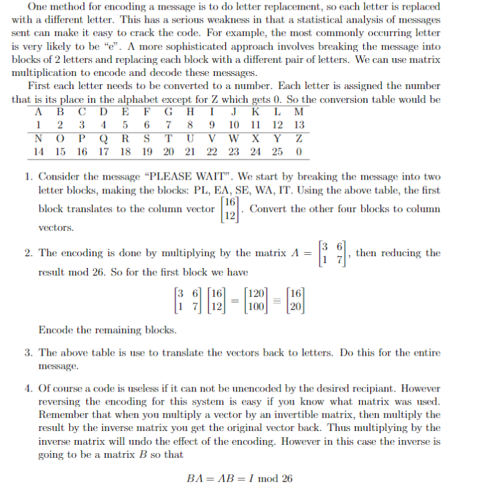 Solved One method for encoding a message is to do letter | Chegg.com