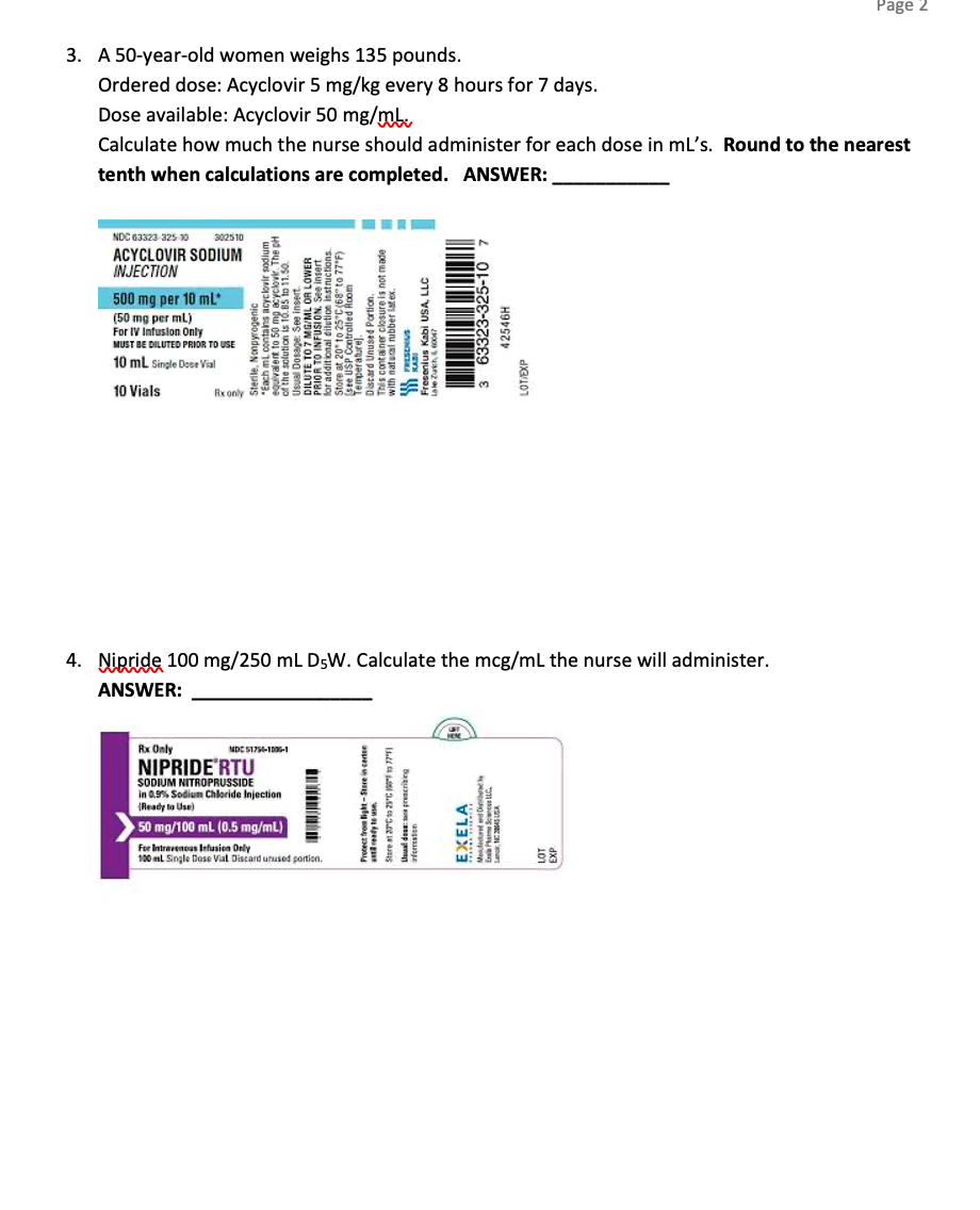 Solved 3. A 50 year old women weighs 135 pounds. Ordered Chegg