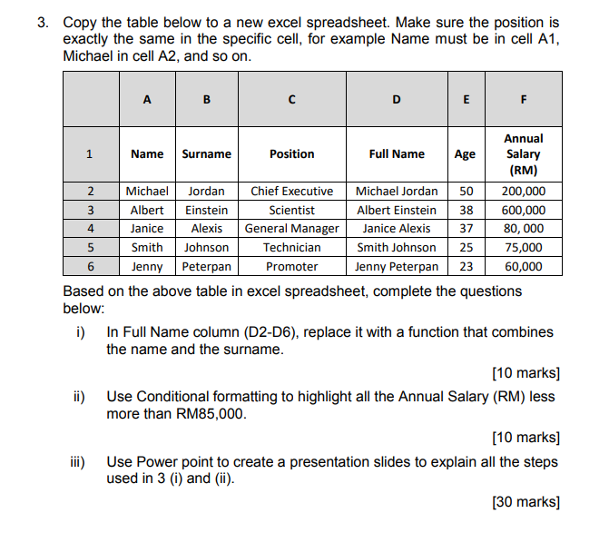 Solved 3. Copy the table below to a new excel spreadsheet. | Chegg.com