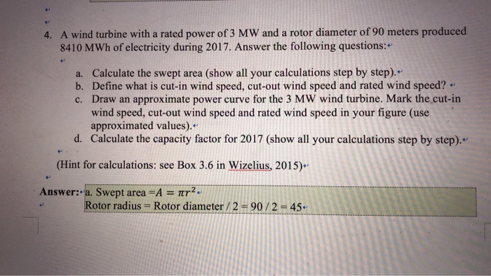 Solved A wind turbine with a rated power of 3 MW and a rotor | Chegg.com