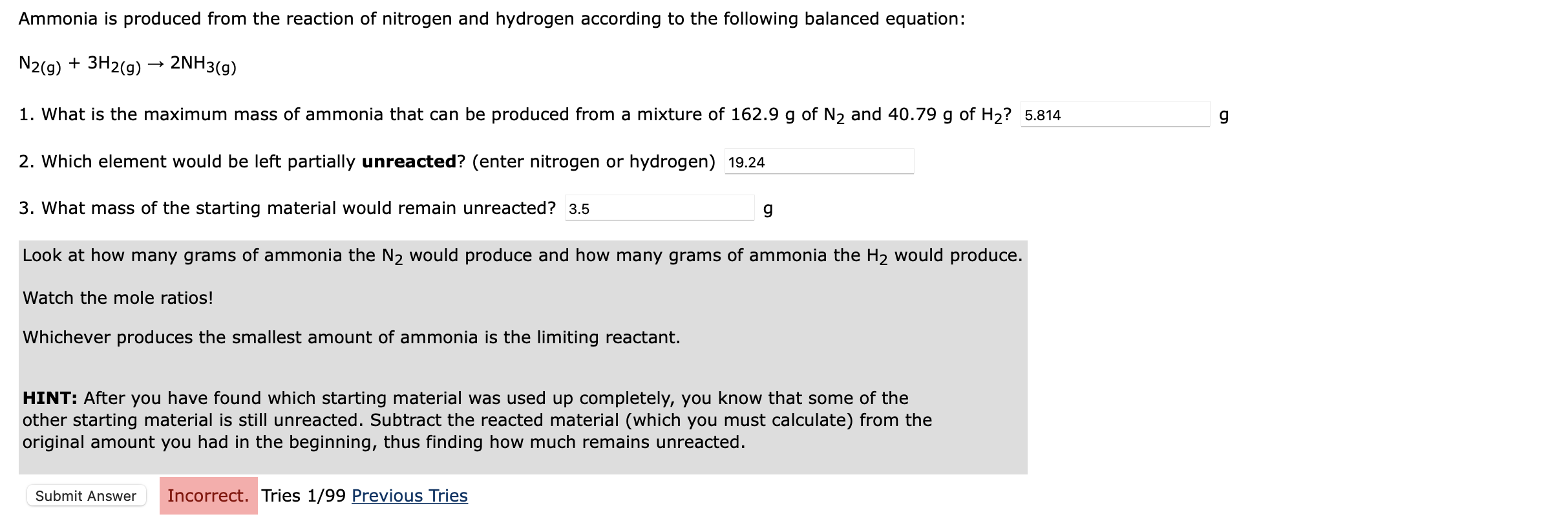 Solved Ammonia is produced from the reaction of nitrogen and | Chegg.com