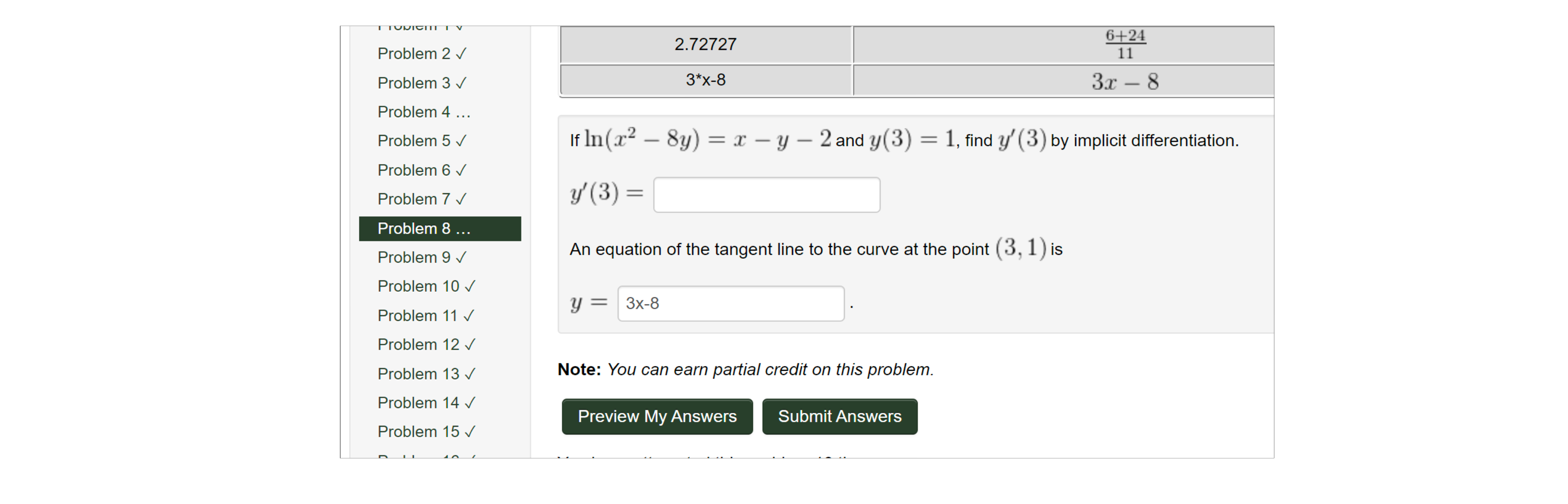 Solved If Ln X 2 8 Y X Y 2 And Y 3 1 Find