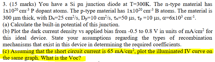 Solved 3. (15 marks) You have a Si pn junction diode at | Chegg.com