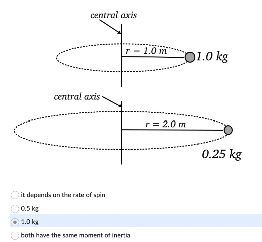 it depends on the rate of spin
\( 0.5 \mathrm{~kg} \)
\( 1.0 \mathrm{~kg} \)
both have the same moment of inertia