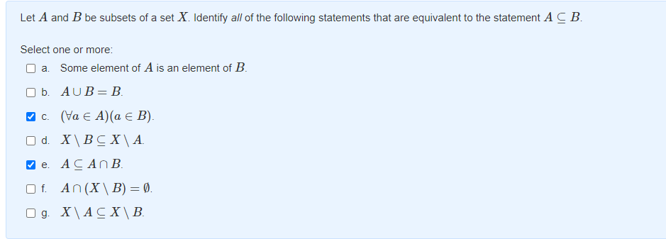 Solved Let A And B Be Subsets Of A Set X. Identify All Of | Chegg.com