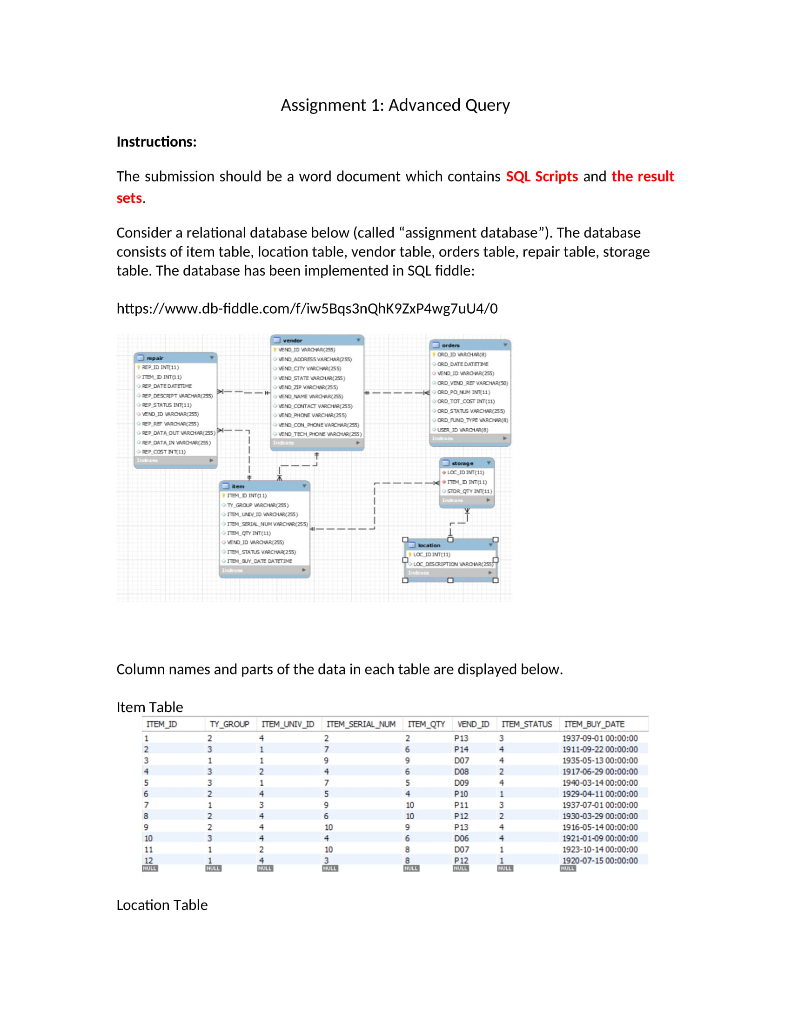 Solved Assignment 1: Advanced Query Instructions: The | Chegg.com