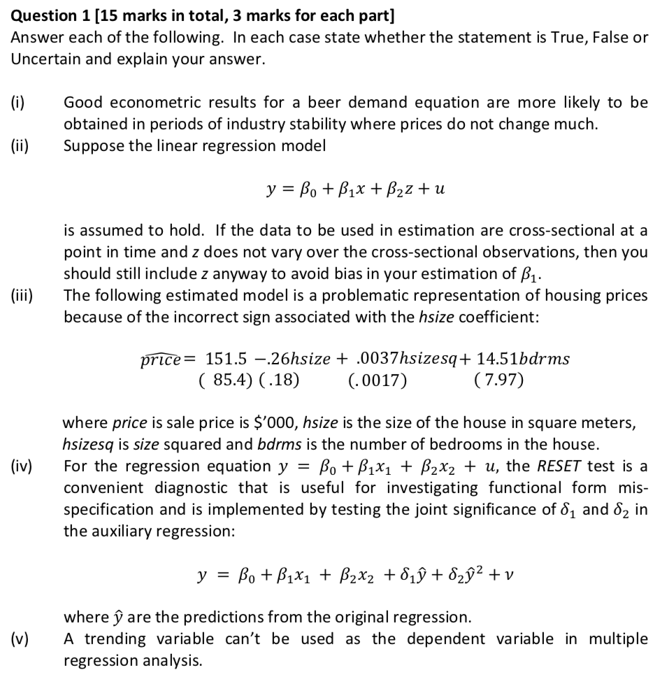 Solved Question 1 [15 marks in total, 3 marks for each part] | Chegg.com