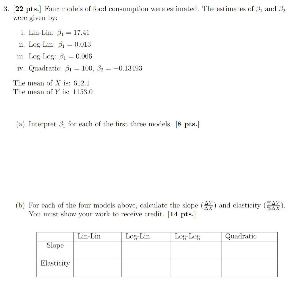 Solved 3. [22 pts.] Four models of food consumption were | Chegg.com