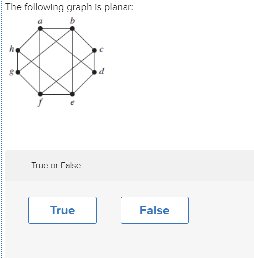 Solved The following graph is planar: True or False True | Chegg.com