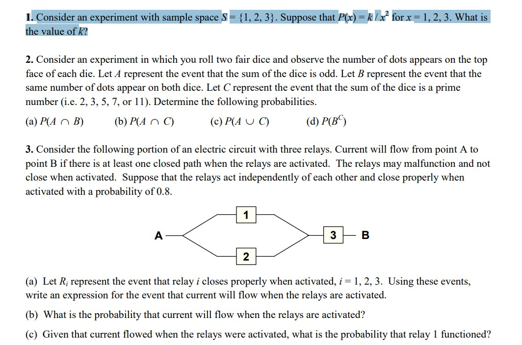 Solved 1. Consider an experiment with sample space S= {1, 2, | Chegg.com