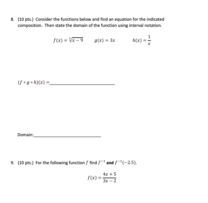Solved 8. (10 pts.) Consider the functions below and find an | Chegg.com
