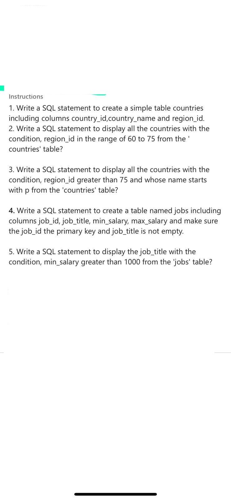 Solved Instructions 1. Write a SQL statement to create a | Chegg.com