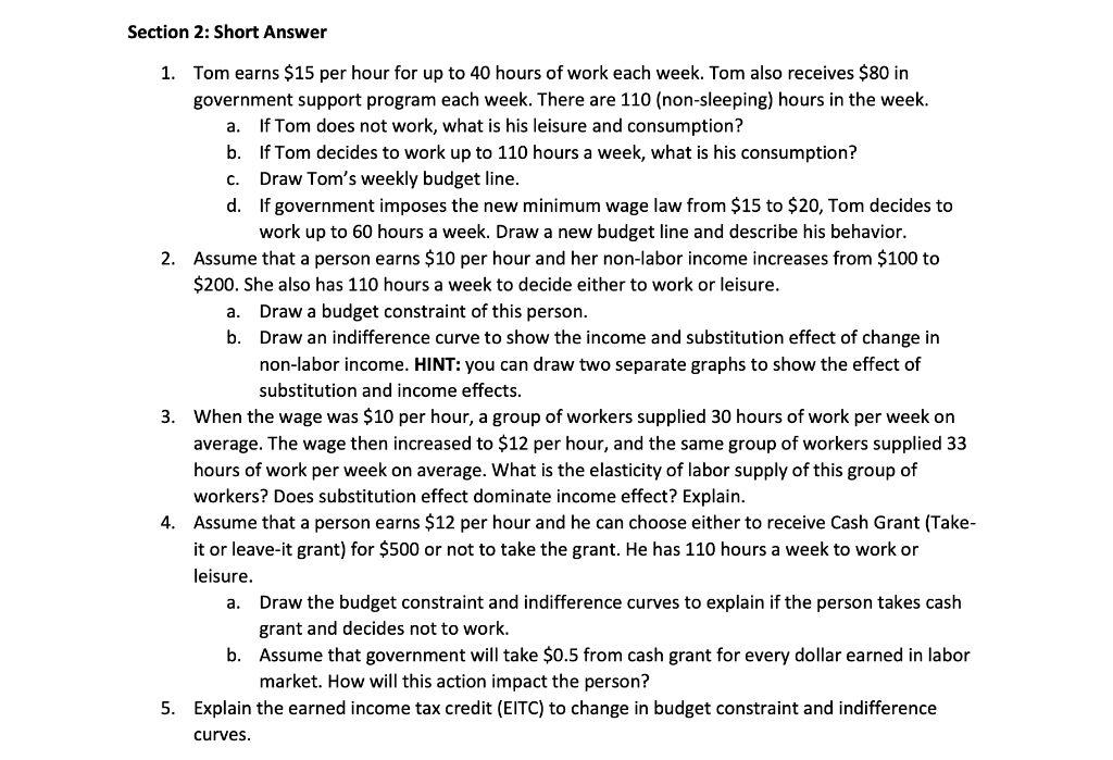 Solved Section 2: Short Answer C. 1. Tom earns $15 per hour | Chegg.com