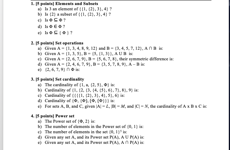 1 5 Points Elements And Subsets A Is 3 An Element Chegg Com