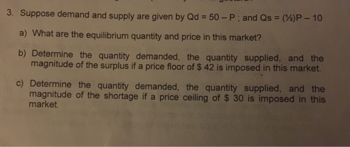 Solved 3. Suppose demand and supply are given by Qd-50-P, | Chegg.com